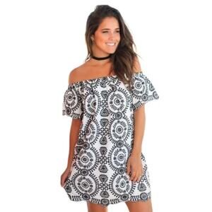 Entro Navy Blue White Floral Paisley Embroidered Off Shoulder Mini Dress Medium